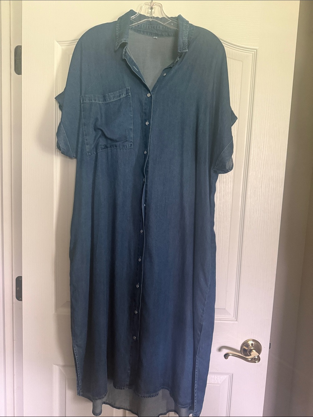 Button-Front Denim Shirt Dress in Blue